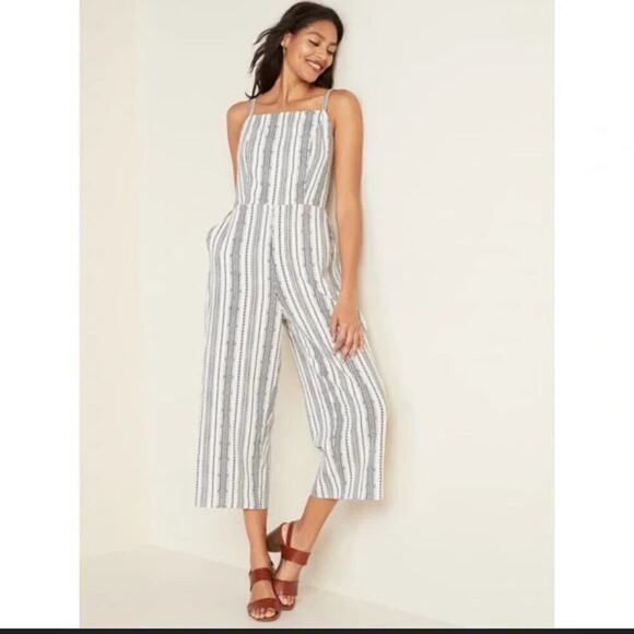 Linen-Blend Geometric-Stripe Sleeveless Jumpsuit -Size Small - Picture 4 of 7